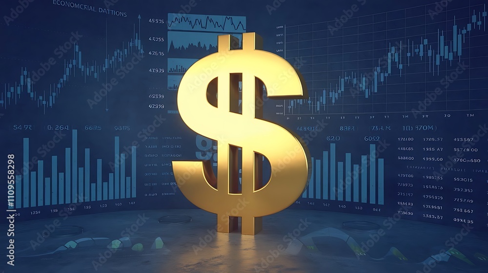 Large golden dollar with projected financial graphs and data, framed by stock charts, documents, and a modern concrete environment Large golden dollar with projected financial graphs and data, framed by stock charts, documents, and a modern concrete environment
