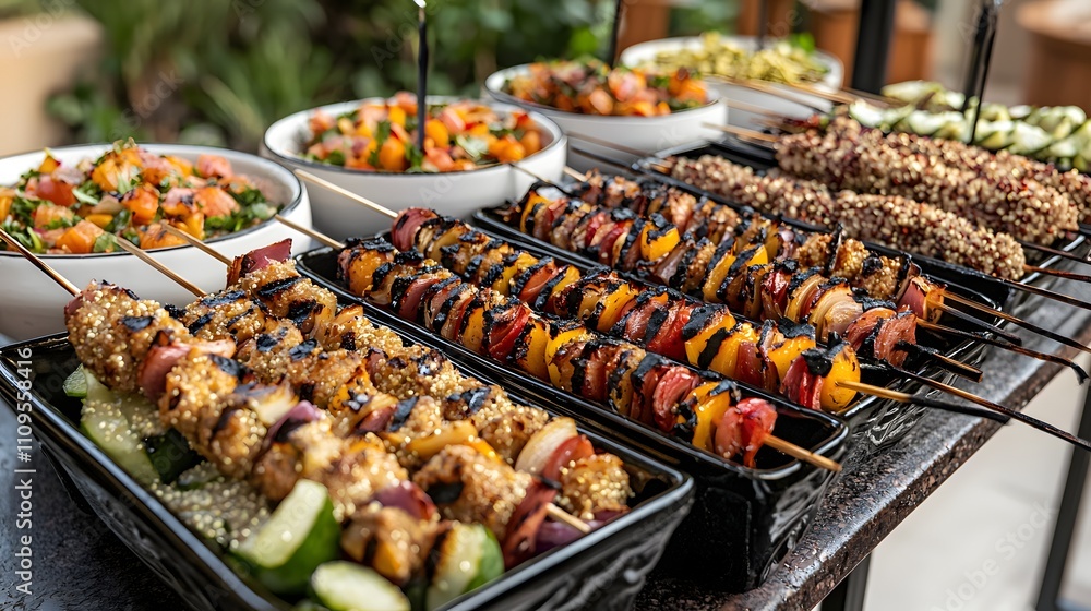 A dynamic catering display offering freshly grilled kebabs and quinoa bowls with ample space for event details. A dynamic catering display offering freshly grilled kebabs and quinoa bowls with ample space for event details.