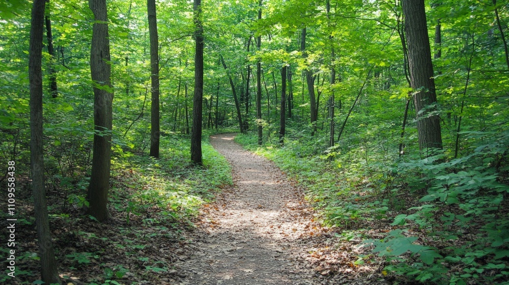 Fototapeta premium Serene Woodland Trail, a peaceful pathway meandering through a lush forest, dappled sunlight streaming through vibrant green leaves, beckoning nature lovers to explore.