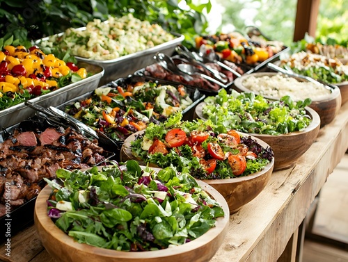 A farm-to-table catering buffet showcasing fresh, organic salads and grilled meats with room for messaging.