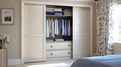 Neatly organized bedroom closet with a modern design and light colors.