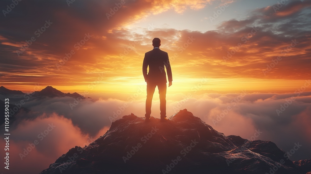 Obraz premium Businessman Standing on Mountain Peak at Sunset