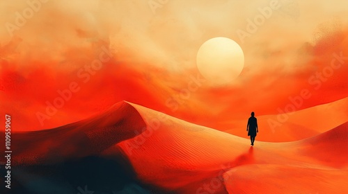 Solitary Traveler Crossing Sunlit Sand Dunes in Minimalist Landscape