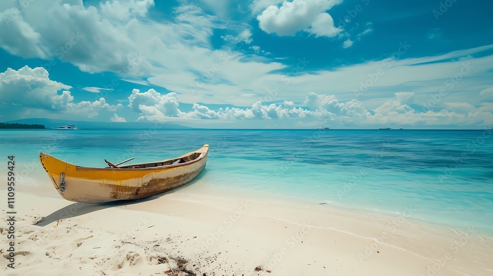 Dreamy Beach Landscape with Canoe and Ocean Dreamy Beach Landscape with Canoe and Ocean