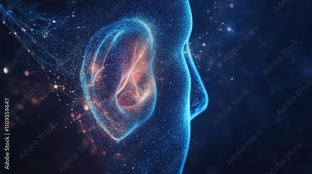 Futuristic Concept of Ear and Sound Waves in Digital Space Futuristic Concept of Ear and Sound Waves in Digital Space