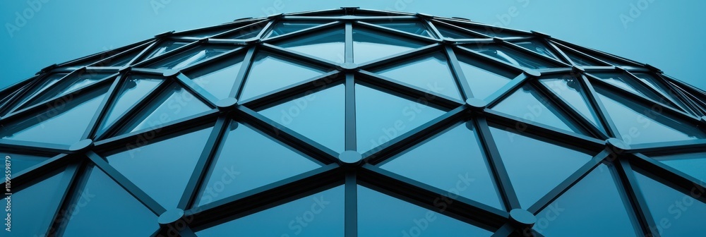 A close-up view of a geometric, dome-shaped structure featuring a network of triangular panels against a blue background.