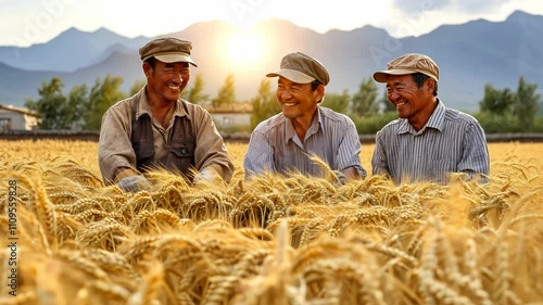 Happy Farmers Harvesting Wheat Field photo