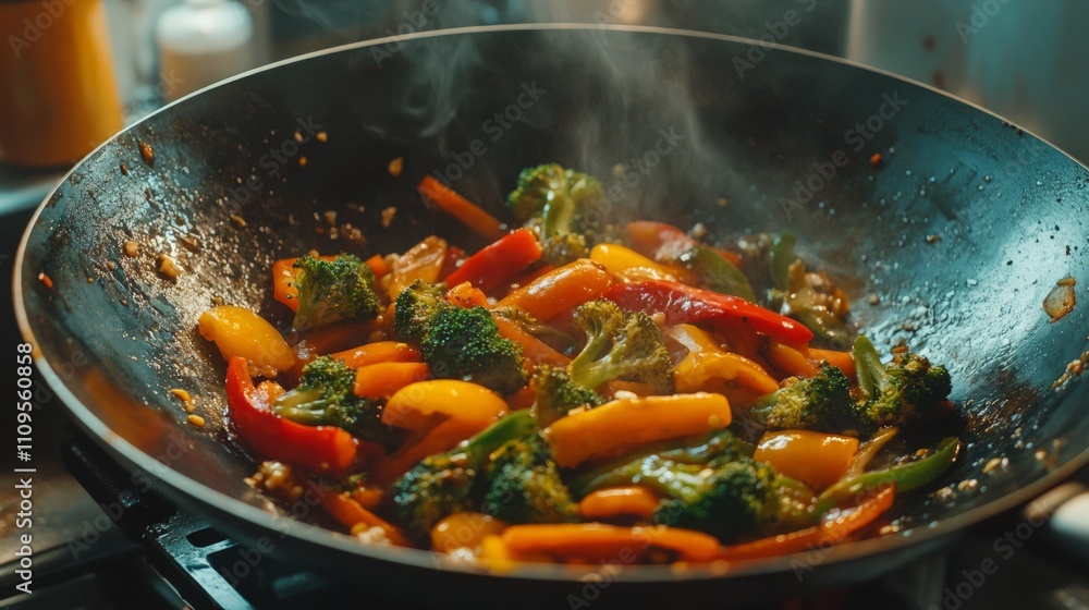 Colorful vegetable stir-fry in a wok, showcasing fresh peppers, broccoli, and carrots, all coated in a delicious savory sauce, perfect for healthy meal inspiration. Colorful vegetable stir-fry in a wok, showcasing fresh peppers, broccoli, and carrots, all coated in a delicious savory sauce, perfect for healthy meal inspiration.