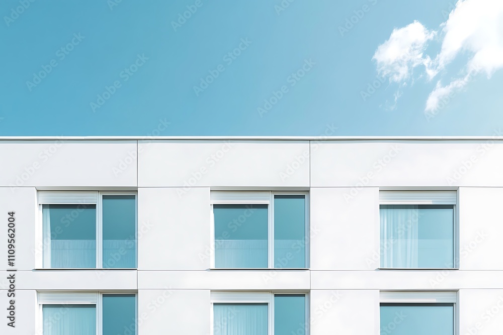 White simple architectural facade against blue sky for presentation with large concrete structures and and clean lines, featuring a minimalist look. White simple architectural facade against blue sky for presentation with large concrete structures and and clean lines, featuring a minimalist look.