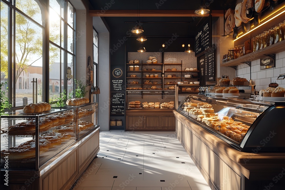 Artisan bakery with bread display and rustic wooden interior. Artisan bakery with bread display and rustic wooden interior.