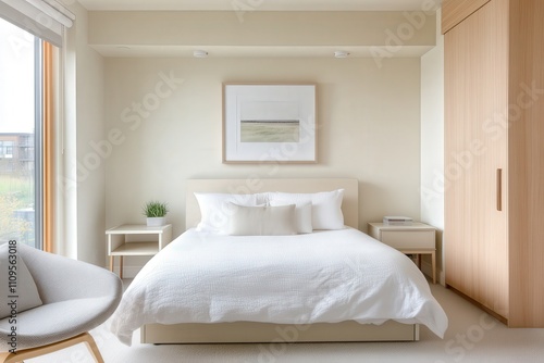 Modern minimalist bedroom design featuring a cozy bed, soft textiles, neutral color palette, and contemporary furniture for serene living spaces