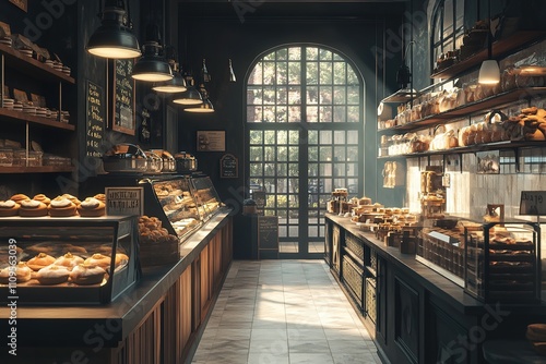 Artisan bakery with bread display and rustic wooden interior.