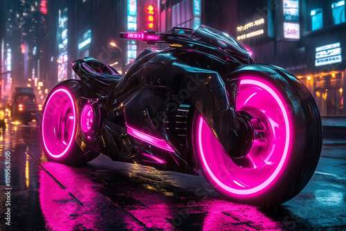 Futuristic motorcycle with neon pink wheels and a black body, set against a cyberpunk city background photo