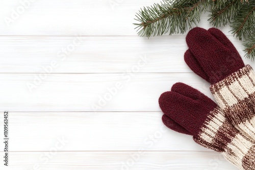 Warm woolen mittens and pine branch on white wood.