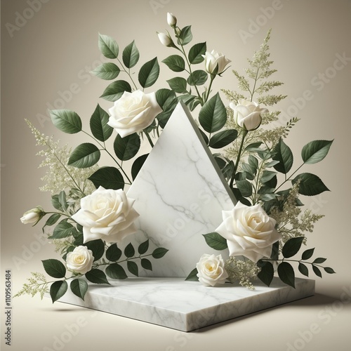 Serene 3D Mockup with White Roses and Marble Triangular Pedestal