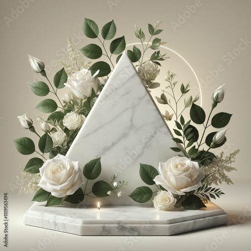  Serene 3D Mockup with White Roses and Marble Triangular Pedestal1