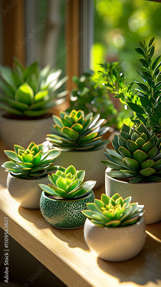 Sunlit succulents in small pots on a wooden shelf. Sunlit succulents in small pots on a wooden shelf.