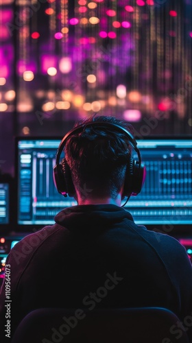 a man wearing headphones operating computer photo