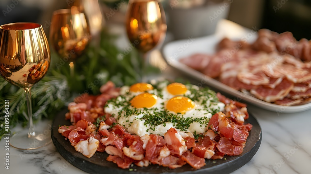 A vibrant spread of eggs and cured meats garnished with herbs, served with golden glasses. A vibrant spread of eggs and cured meats garnished with herbs, served with golden glasses.