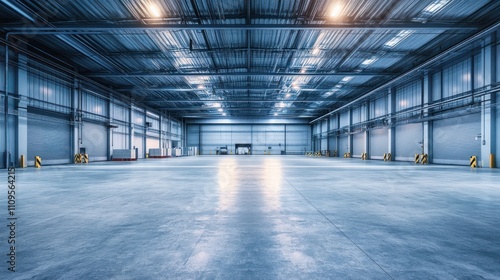 Empty large industrial warehouse interior with loading docks and high ceiling.