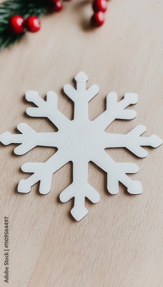 White snowflake ornament on wood. White snowflake ornament on wood.