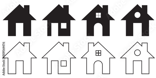 Set of home icons representing different house designs. Ideal for real estate, rentals, and home improvement themes. Simple vector illustrations for versatile use.