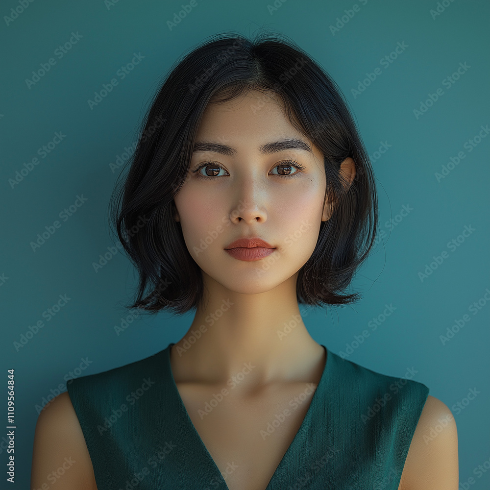 Serene Young Woman in Teal Dress Against a Muted Blue Background Serene Young Woman in Teal Dress Against a Muted Blue Background