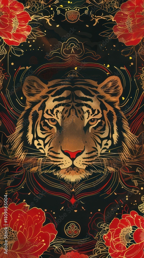 Fototapeta premium Majestic Tiger Illustration Surrounded by Vibrant Florals and Intricate Patterns