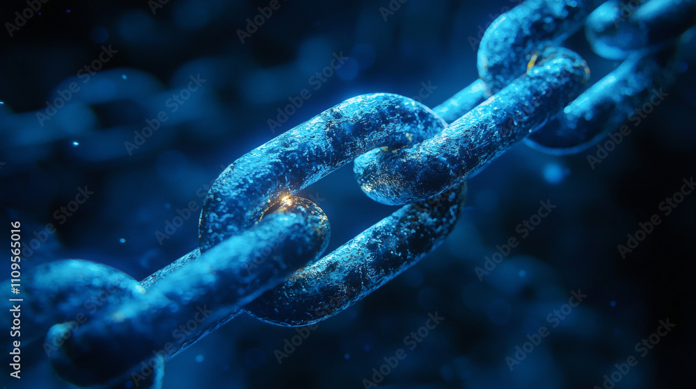 A vivid depiction of a blue metal chain with a single glowing gold link, representing the missing connection in second language education. Generative AI A vivid depiction of a blue metal chain with a single glowing gold link, representing the missing connection in second language education. Generative AI
