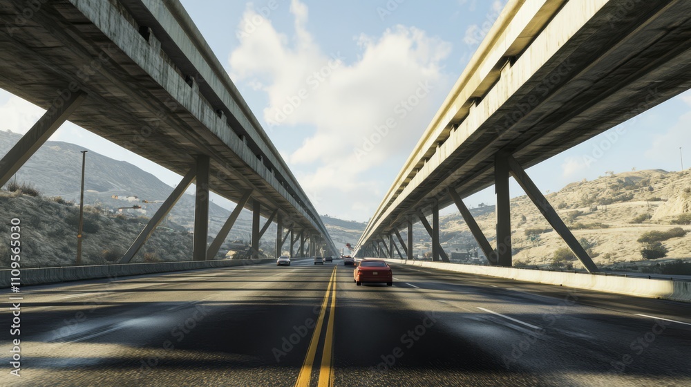 Elevated highway with cars driving under a bridge. Elevated highway with cars driving under a bridge.