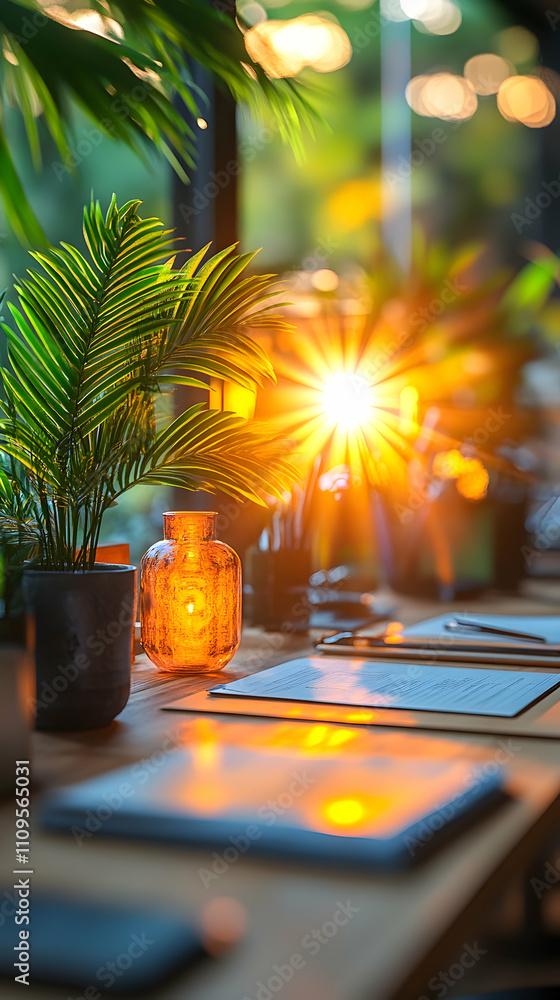 Sunset through window illuminates desk with plants and papers. Sunset through window illuminates desk with plants and papers.