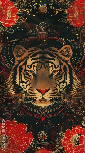 Majestic Tiger Illustration Surrounded by Vibrant Florals and Intricate Patterns