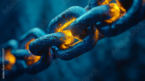 A vivid depiction of a blue metal chain with a single glowing gold link, representing the missing connection in second language education. Generative AI photo