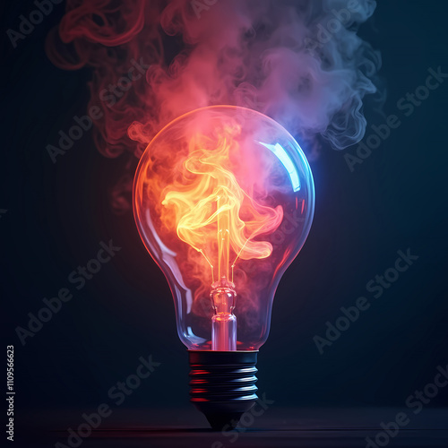 Creative concept of a glowing lightbulb with fiery flames inside and smoke rising, symbolizing innovation, ideas, and energy on a dark background.  