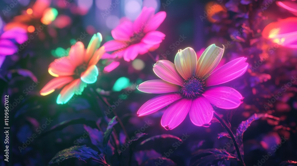 Neon flowers with glowing petals in a dark greenhouse, lit by colorful neon light sources in pink and electric green, DSLR 8K quality Neon flowers with glowing petals in a dark greenhouse, lit by colorful neon light sources in pink and electric green, DSLR 8K quality