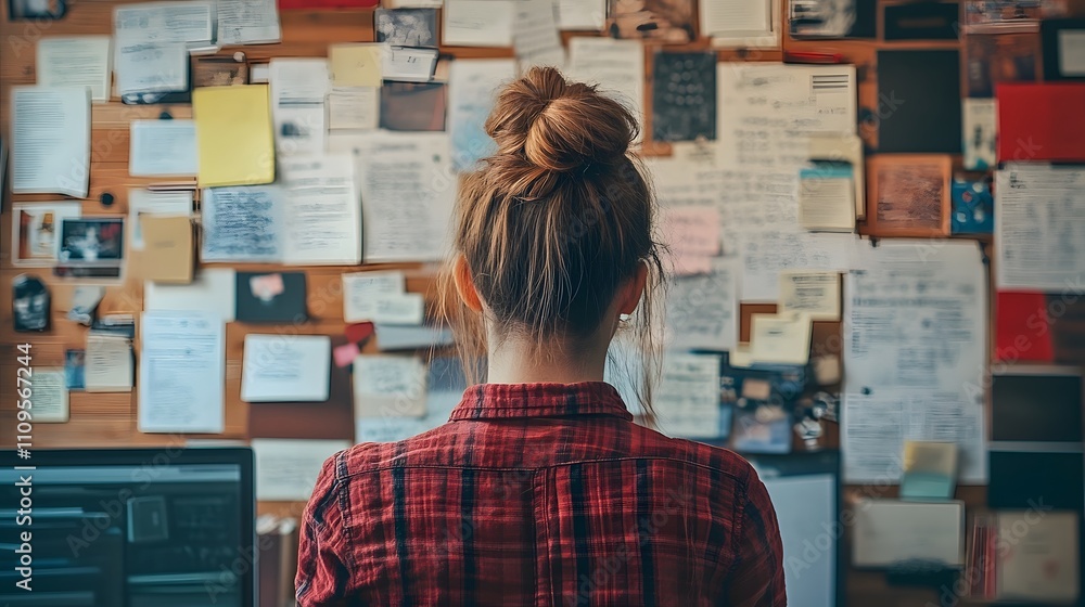 Young woman contemplating ideas in front of a creative inspiration board. Young woman contemplating ideas in front of a creative inspiration board.