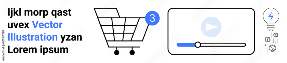 Shopping cart with a notification badge, video player interface, and light bulb with gadget symbols. Ideal for ecommerce, media, digital learning, technology, innovation, online shopping, video Shopping cart with a notification badge, video player interface, and light bulb with gadget symbols. Ideal for ecommerce, media, digital learning, technology, innovation, online shopping, video