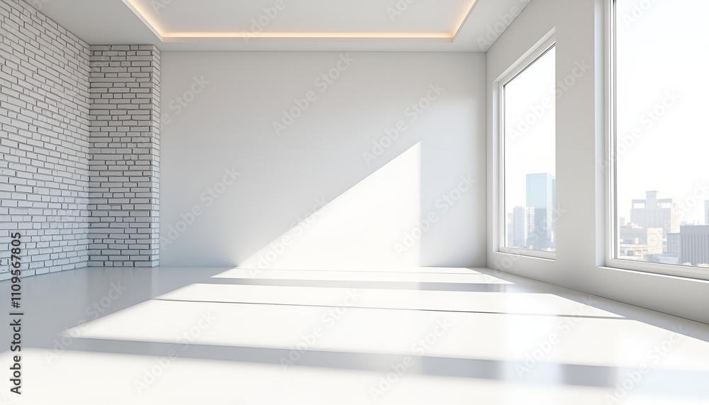 Bright and minimalistic interior of an empty room with large windows and sunlight Bright and minimalistic interior of an empty room with large windows and sunlight