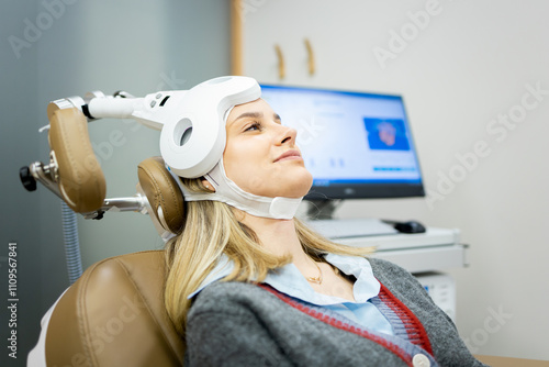 A Caucasian girl in her 20s or 30s undergoes transcranial magnetic stimulation therapy at a psychiatric facility to treat depression or anxiety.
