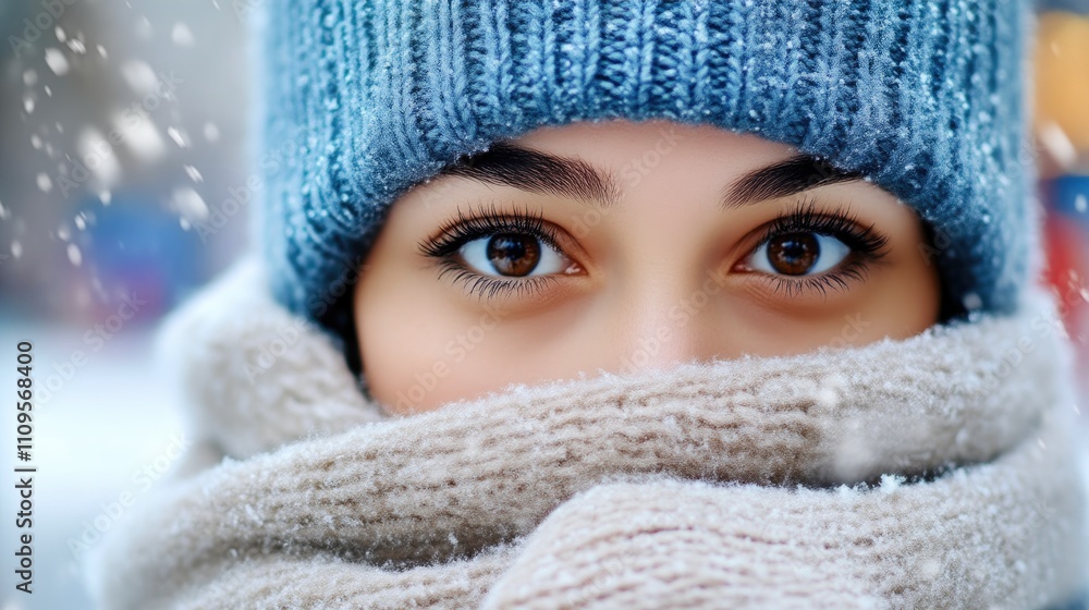 Person bundled in warm layers with snowflakes drifting down Person bundled in warm layers with snowflakes drifting down