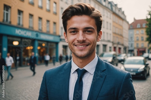 Close portrait of a smiling young Monacan businessman looking at the camera, Monacan big city outdoors blurred background