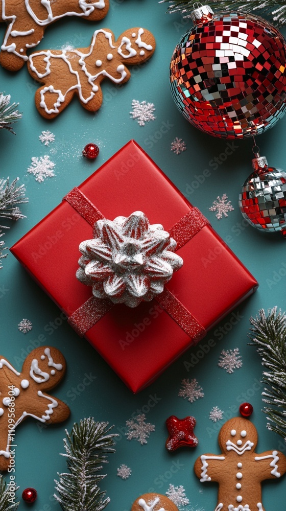 Festive Christmas composition with red wrapped gift box, silver bow, sparkling disco balls, gingerbread cookies and snowflakes on turquoise background, top view. Festive Christmas composition with red wrapped gift box, silver bow, sparkling disco balls, gingerbread cookies and snowflakes on turquoise background, top view.