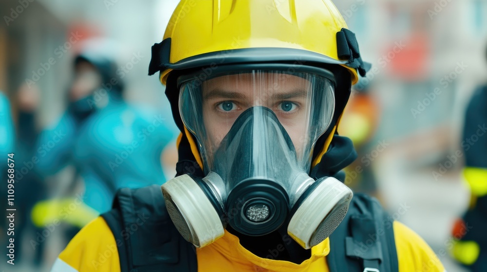 Close-up of firefighter securing breathing mask before rescue Close-up of firefighter securing breathing mask before rescue