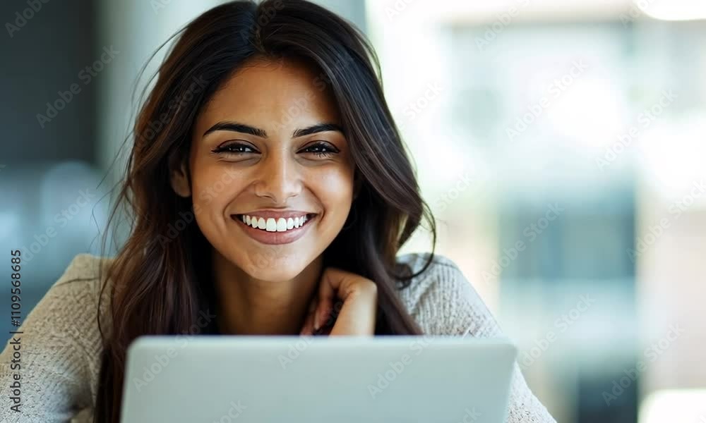 Smiling woman using laptop, happy and engaged in online activity. Smiling woman using laptop, happy and engaged in online activity.