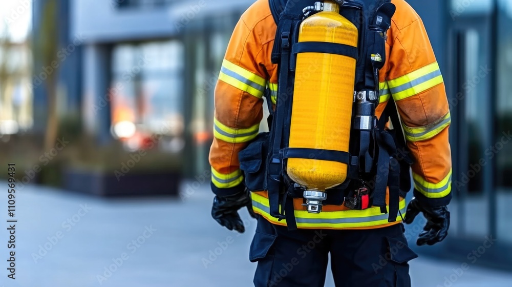Obraz premium Focused firefighter adjusting gear to enter smoke-filled building