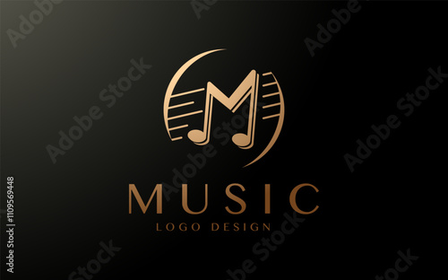 M Music letter logo. Music logo concept with musical notes forms M letter shape. Vector logo, icon, sign and symbol design. 