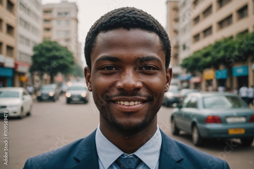 Close portrait of a smiling young Mozambican businessman looking at the camera, Mozambican big city outdoors blurred background