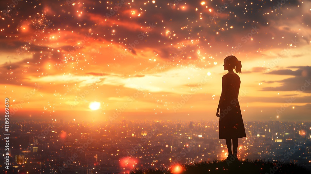 Silhouette of a young woman at sunset against a dreamy, sparkling skyline. Silhouette of a young woman at sunset against a dreamy, sparkling skyline.