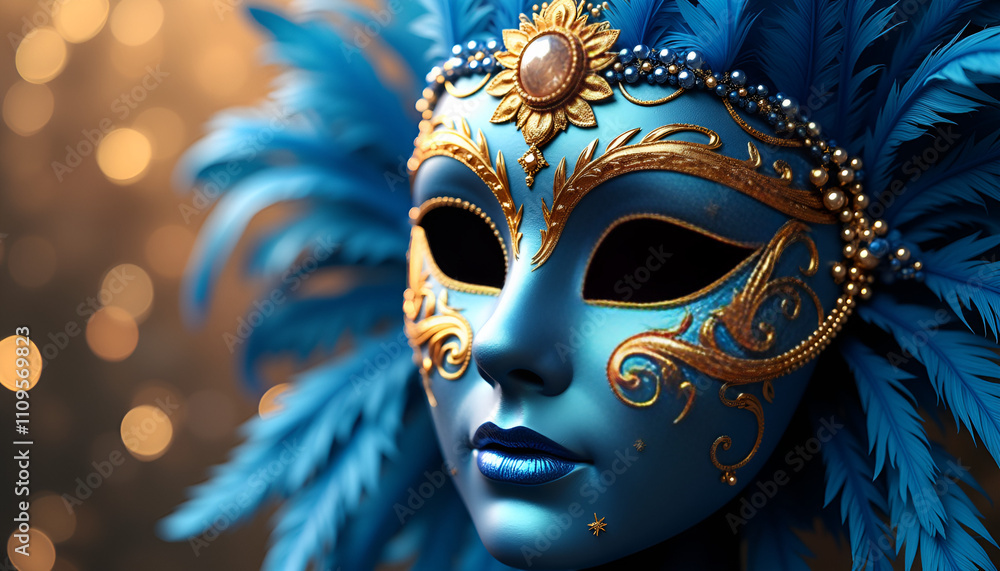 Stunning blue carnival mask with feathers and embellishments in a festive atmosphere Stunning blue carnival mask with feathers and embellishments in a festive atmosphere