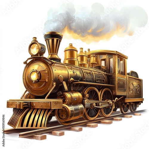 Golden steam train illustration with ornate vintage details.